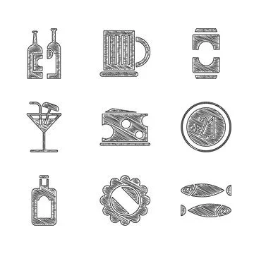 Set Cheese, Bottle cap, Dried fish, Alcohol 21 plus, Whiskey bottle, Cocktail Stock Illustration