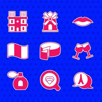 Set Cheese, Coffee cup, Eiffel tower, Wine glass, Perfume, Flag France, Smiling Illustrazione stock