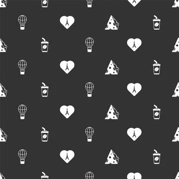 Set Cheese, Coffee cup to go, Hot air balloon and Eiffel tower with heart on 스톡 일러스트