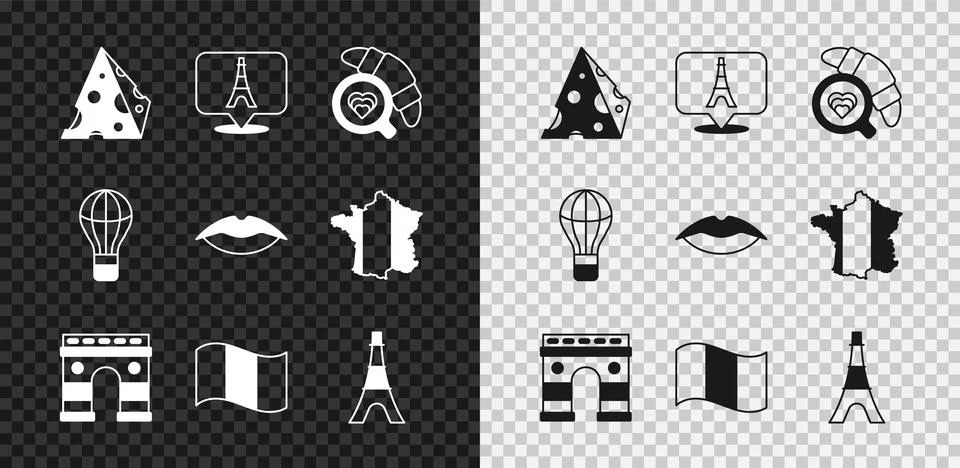 Set Cheese, Eiffel tower, Coffee cup with croissant, Triumphal Arch, Flag France 스톡 일러스트