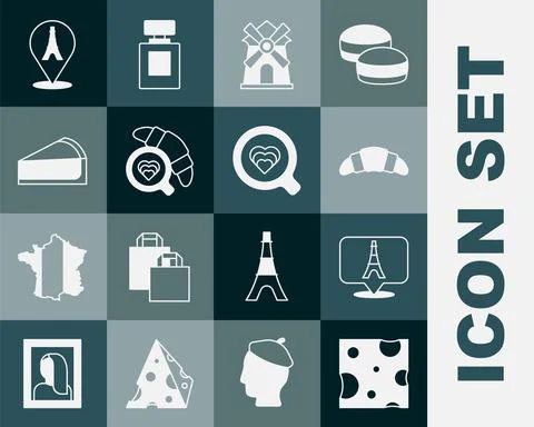 Set Cheese, Eiffel tower, Croissant, Windmill, Coffee cup with croissant, Cherry Ilustración de archivo