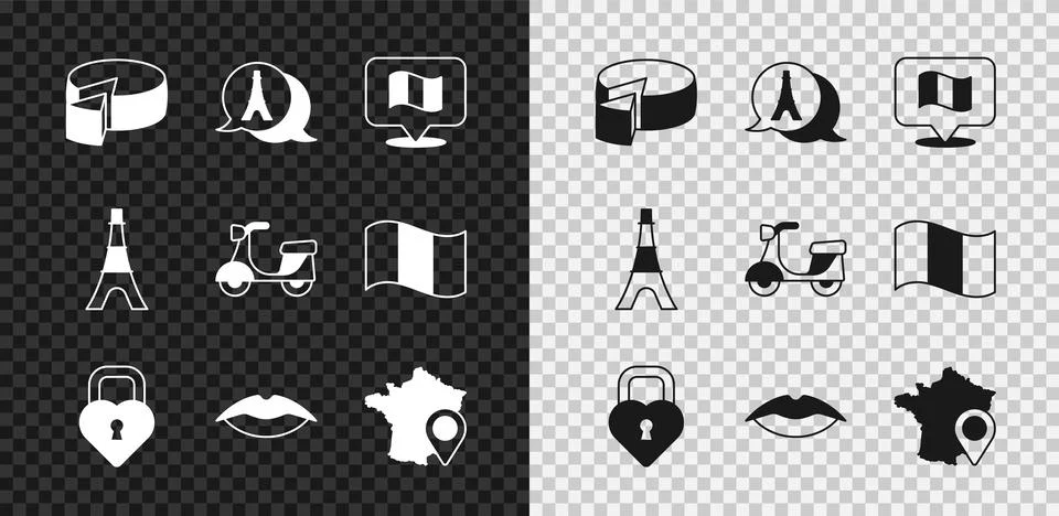 Set Cheese, Eiffel tower, Flag France, Castle in the shape of heart, Smilin.. Stock-Illustration