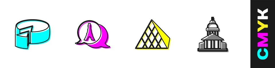 Set Cheese, Eiffel tower, Louvre glass pyramid and Museum building icon. Vect Stock Illustration