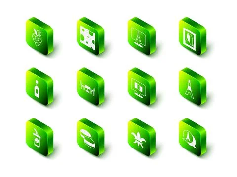 Set Cheese, Eiffel tower, Portrait picture in museum, Flag France, Fleur De Lys Stock Illustration