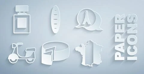 Set Cheese, Eiffel tower, Scooter, Map of France, French baguette bread and Stock Illustration