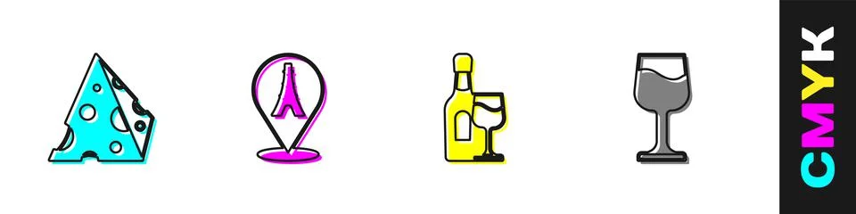 Set Cheese, Eiffel tower, Wine bottle with glass and icon. Vector Illustrazione stock