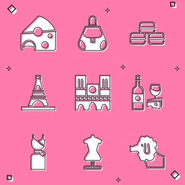 Set Cheese, Handbag, Macaron cookie, Eiffel tower, Notre Dame, Wine bottle with Stock Illustration
