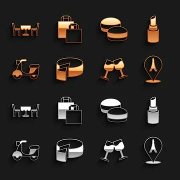 Set Cheese, Lipstick, Eiffel tower, Wine glass, Scooter, Macaron cookie, French Stock Illustration