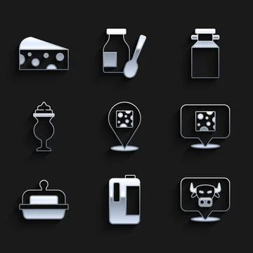 Set Cheese, Milk in plastic bottle, Cow head, Butter butter dish, Milkshake, Can Stock Illustration