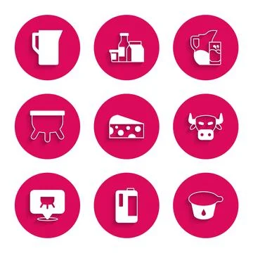 Set Cheese, Milk in plastic bottle, Yogurt container, Cow head, Udder, jug or Stock Illustration