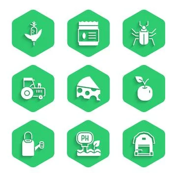 Set Cheese, Soil ph testing, Farm house, Apple, Watering can, Tractor, Inse.. Illustrazione stock