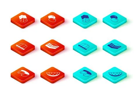 Set Cheese, Watermelon, Jelly cake, Piece of, Bread loaf and Cracker biscuit Stock-Illustration