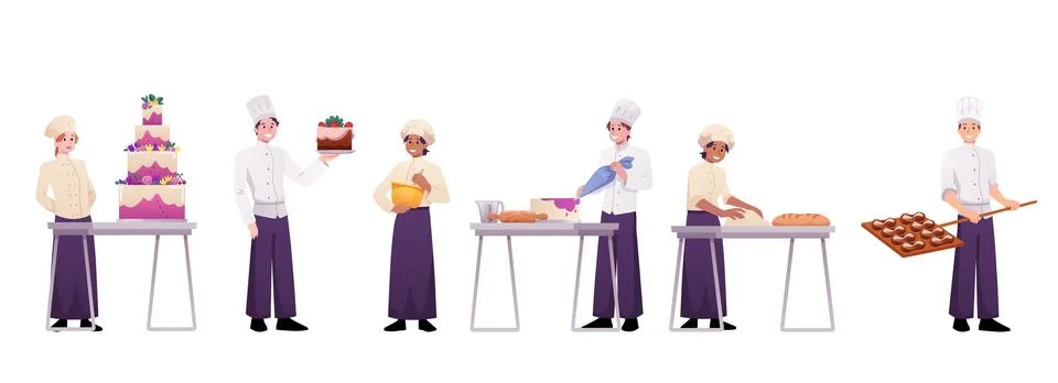 Set of chef characters in the process of cooking, kneading, baking 스톡 일러스트