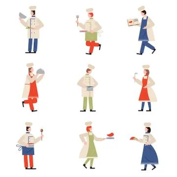 Set of chef-cook characters in different action poses. Vector illustration in Stock Illustration
