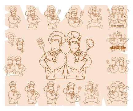 Set of chef cook standing in a different pose. Chef in uniform. Cook logo. Ch Stock Illustration