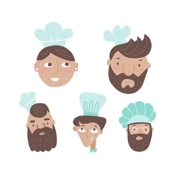 Set of chef cooks cartoon faces handdrawn in flat style. Male and female Stock Illustration
