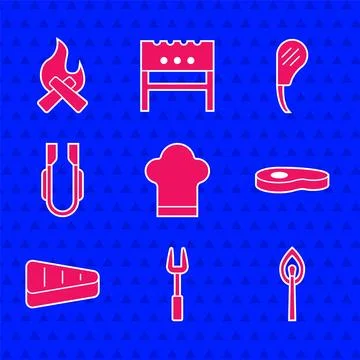 Set Chef hat, Barbecue fork, Burning match with fire, Steak meat, Meat tongs Illustrazione stock