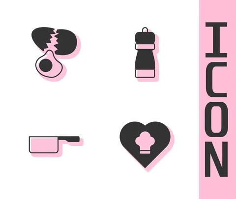 Set Chef hat, Broken egg, Saucepan and Pepper icon. Vector Stock Illustration