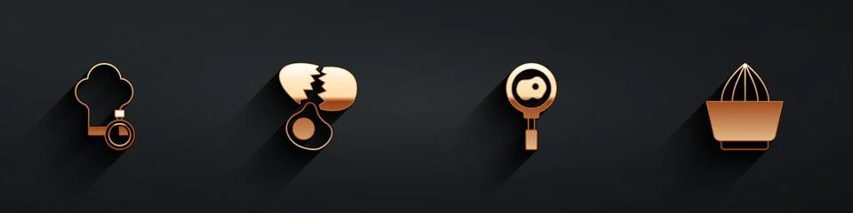 Set Chef hat, Broken egg, Fried eggs on frying pan and Citrus fruit juicer icon Stock Illustration