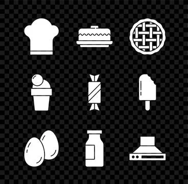 Set Chef hat, Cake, Homemade pie, Easter eggs, Bottle with milk, Kitchen extr Stock Illustration