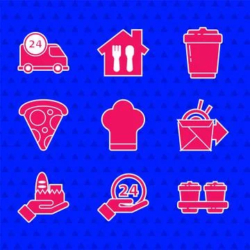 Set Chef hat, Clock 24 hours, Coffee cup to go, Online ordering noodles delivery Stock Illustration