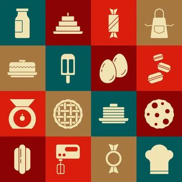 Set Chef hat, Cookie or biscuit, Macaron cookie, Candy, Ice cream, Cake, Bottle 스톡 일러스트