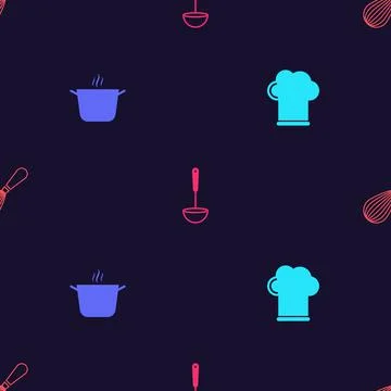 Set Chef hat, Cooking pot, Kitchen ladle and whisk on seamless pattern. Vector Stock Illustration
