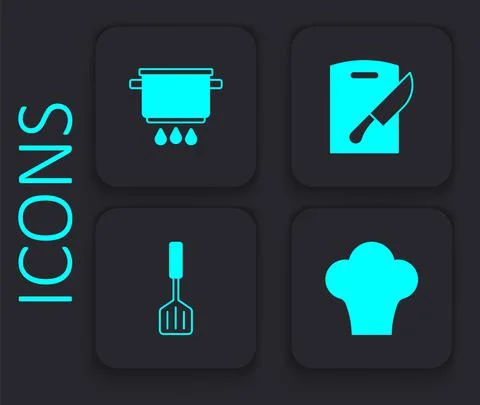 Set Chef hat, Cooking pot on fire, Cutting board and knife and Spatula icon Stock Illustration