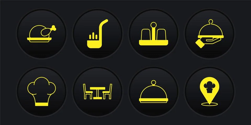 Set Chef hat, Covered with tray of food, Wooden table chair, Salt and pepper Illustrazione stock