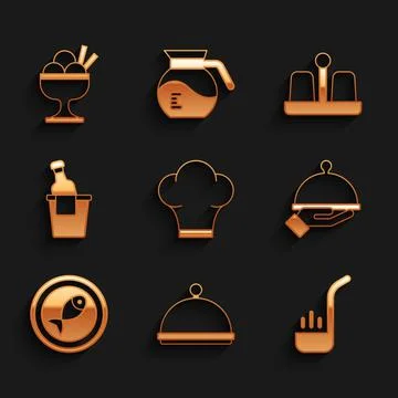 Set Chef hat, Covered with tray, Kitchen ladle, of food, Served fish on plate Illustrazione stock