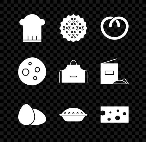 Set Chef hat, Cracker biscuit, Pretzel, Chicken egg, Homemade pie, Cheese 스톡 일러스트