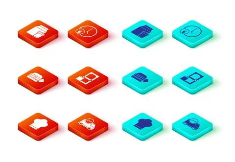 Set Chef hat, Fast delivery by car, Online ordering burger, and, Round the clock Stock Illustration