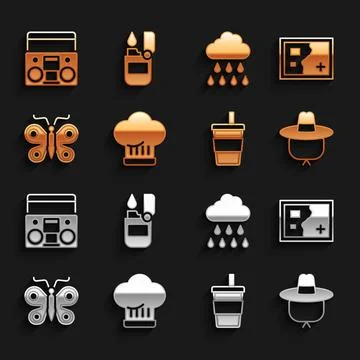 Set Chef hat, Folded map, Camping, Paper glass with water, Butterfly, Cloud rain Illustrazione stock