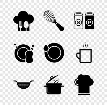 Set Chef hat with fork and spoon, Kitchen whisk, Salt pepper, colander, Coo.. Stock Illustration