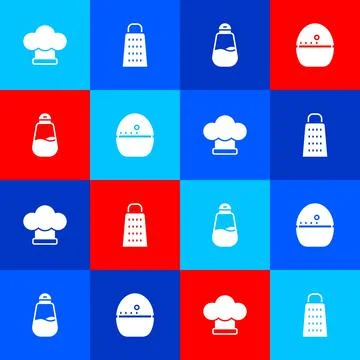 Set Chef hat, Grater, Salt and Kitchen timer icon. Vector 스톡 일러스트