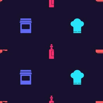 Set Chef hat, Jam jar, Bottle of olive oil and Frying pan on seamless pattern Stock Illustration