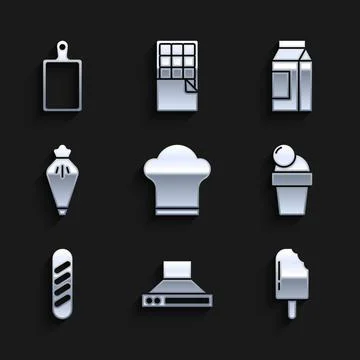Set Chef hat, Kitchen extractor fan, Ice cream, French baguette bread, Pastry Stockillustratie