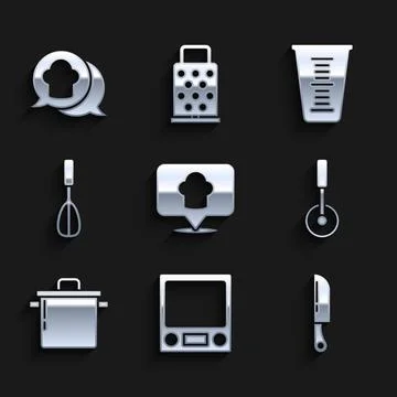 Set Chef hat with location, Electronic scales, Knife, Pizza knife, Cooking .. Stockillustratie