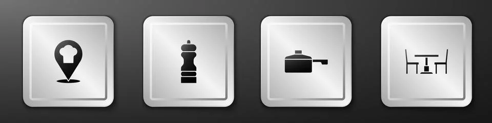 Set Chef hat with location, Pepper, Frying pan and Wooden table chair icon Stock Illustration