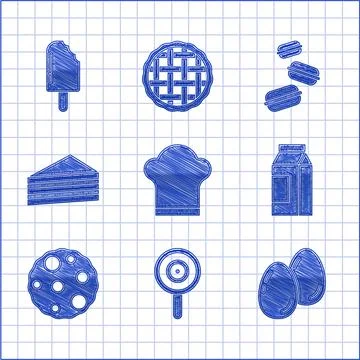Set Chef hat, Lollipop, Easter eggs, Paper package for milk, Cookie biscuit Stock Illustration