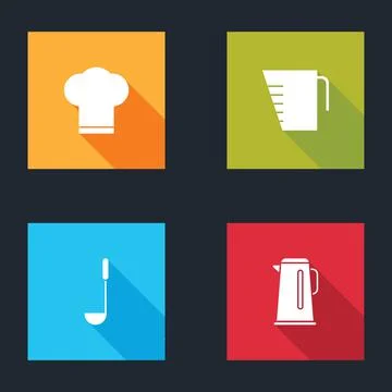 Set Chef hat, Measuring cup, Kitchen ladle and Kettle with handle icon. Vector Illustration