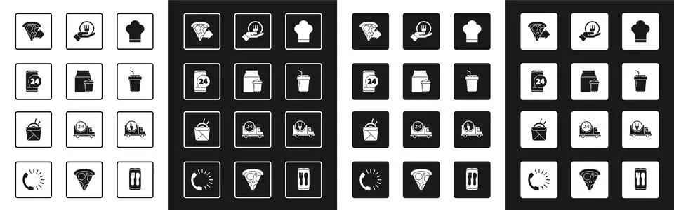 Set Chef hat, Online ordering and delivery, Food, pizza, Coffee cup to go, Fast Ilustração Stock