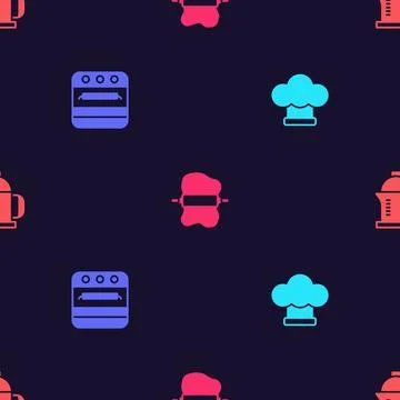 Set Chef hat, Oven, Rolling pin on dough and French press on seamless pattern 스톡 일러스트