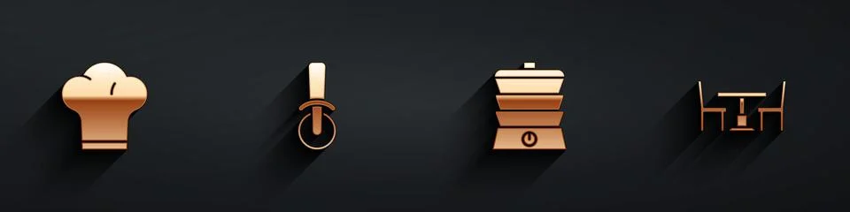 Set Chef hat, Pizza knife, Slow cooker and Wooden table with chair icon with Stock Illustration
