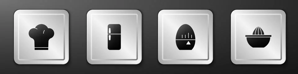 Set Chef hat, Refrigerator, Kitchen timer and Citrus fruit juicer icon. Silver Illustrazione stock