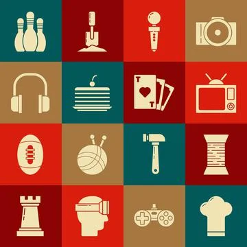 Set Chef hat, Sewing thread on spool, Television, Joystick for arcade machine Stock Illustration