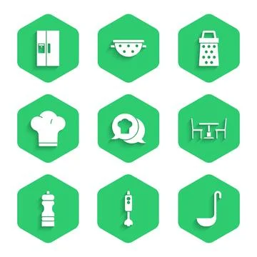 Set Chef hat in speech bubble, Blender, Kitchen ladle, Wooden table with chair Illustrazione stock