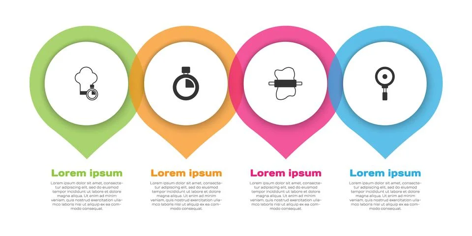 Set Chef hat, Stopwatch, Rolling pin on dough and Frying pan. Business info.. Stock Illustration