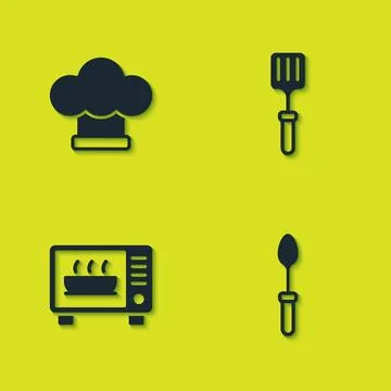 Set Chef hat, Teaspoon, Microwave oven and Barbecue spatula icon. Vector Illustration