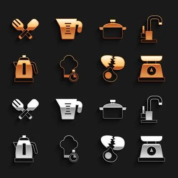 Set Chef hat, Water tap, Scales, Broken egg, Electric kettle, Cooking pot, .. Stock Illustration